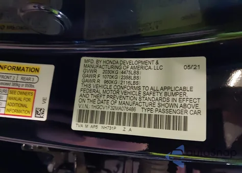 2021 Honda Accord Sport из США, поврежденный, VIN 1HGCV1F32MA076486